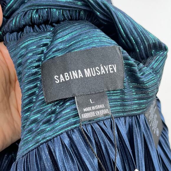 Sabina Musayev | Maxim Top Dark Ocean Metallic Pleated V-Neck Peplum Blouse L - Picture 5 of 11